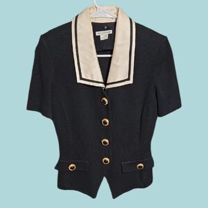 St. John Black Short-Sleeve Knit Jacket with Cream Trim